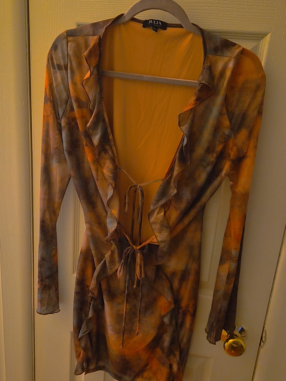 Julia Label Ruffle Tie-Front Dress in Brown & Orange